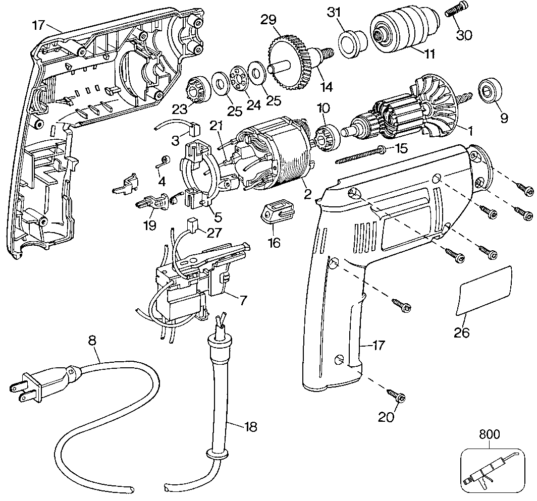 Default Diagram and Parts List for 7196-BDK Type 1 Black and Decker Boring Machine
